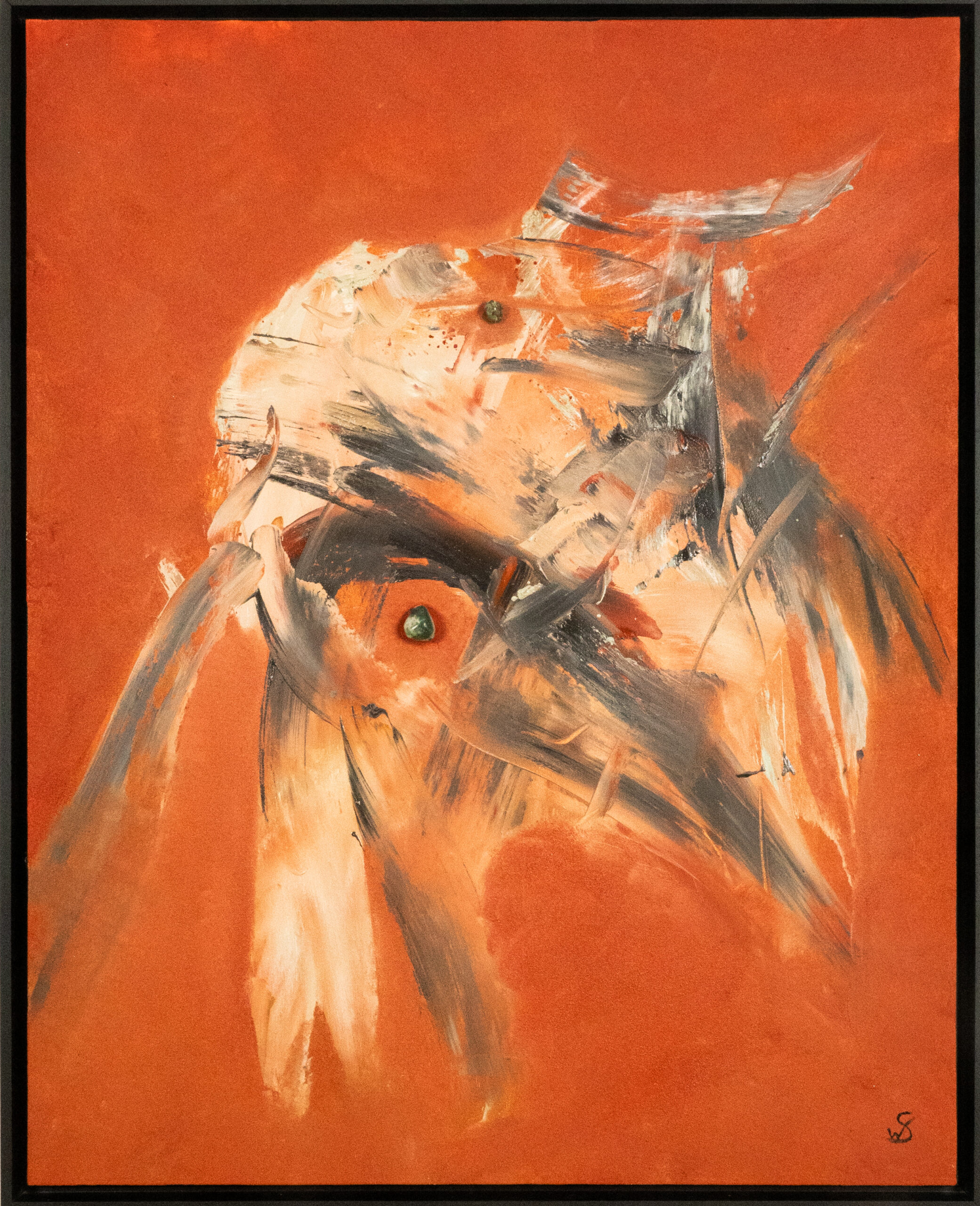 A framed painting of an owl with expressive light and dark strokes on a warm orange ground.