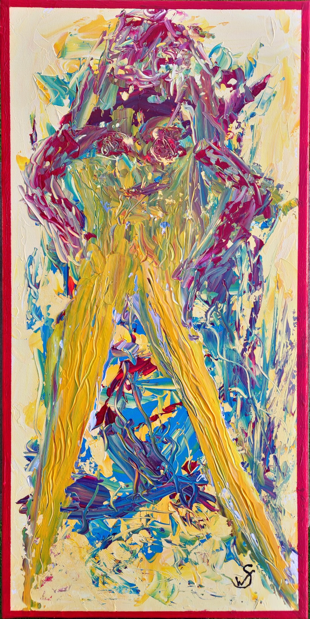 An expressive portrait in yellow, turquoise and pink against a pale background.